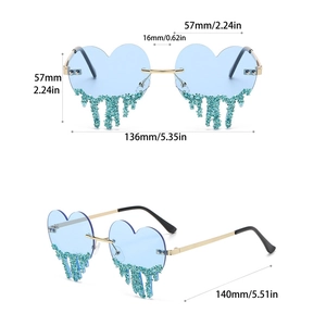 Detailed dimensions of rimless heart-shaped sunglasses with blue drip crystal design