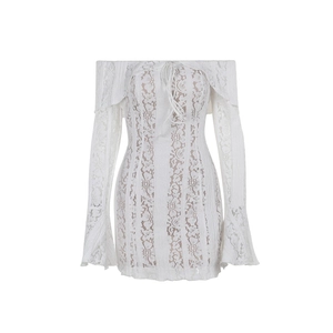 Elegant white off-the-shoulder lace mini dress with long sleeves and bodycon fit