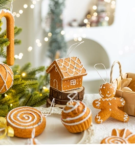 Detailed view of gingerbread man and candy ornaments hanging on a warm Christmas tree