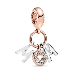 Detail of silver MOM charm with rose gold heart and sparkling cubic zirconia stones