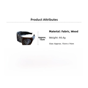 Detail showing paisley fabric headband with wooden buckle specifications and dimensions