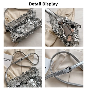 Detail view of silver sequin handbag featuring a metallic chain and adjustable strap