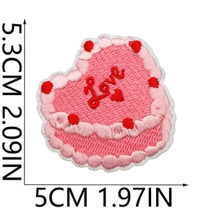 Detail of pink heart cake embroidered patch with Love text and size measurements