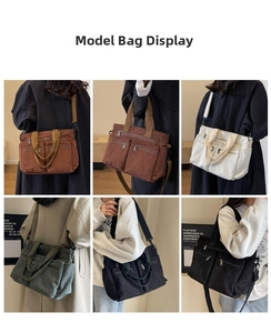 Corduroy tote bag shown in five colors with multiple zip pockets and adjustable straps