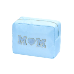 Light blue chenille letter MOM patch makeup bag with gold glitter and silver zipper