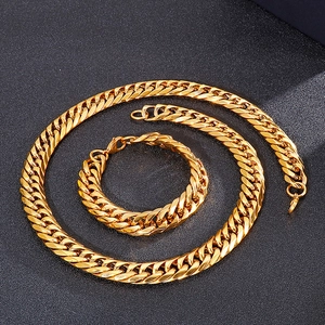 Detailed flat lay of polished 18K gold plated Cuban link necklace and bracelet set