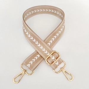 Detail of adjustable beige chevron nylon strap with premium gold metal swivel clasps