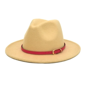 Classic wool fedora hat in khaki with a decorative red leather belt and gold buckle