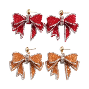Sparkling rhinestone bow earrings with gold studs in vibrant red and orange styles