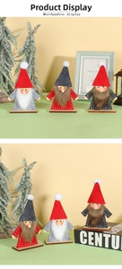 Detailed view of three festive Christmas gnomes with wooden bases and felt hats