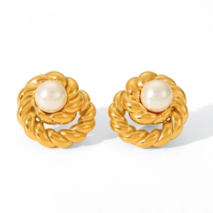 Elegant 18k gold plated stainless steel twisted hoop earrings with white pearls