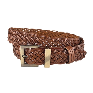 Hand-woven brown leather belt for women featuring a vintage square metal buckle