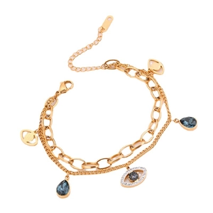 Bracelet double rangée doré avec pierre bleue en goutte et pendentif œil serti
