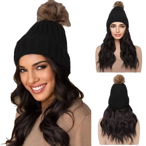 Black knit beanie with brown pompom and long wavy dark brown synthetic hair wig