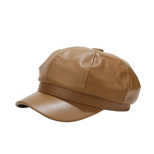 Classic brown PU leather octagonal baker boy hat for women in retro British style