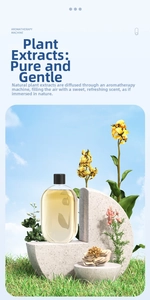 Essential oil refill in a clear bottle on a stone base with a fresh floral background