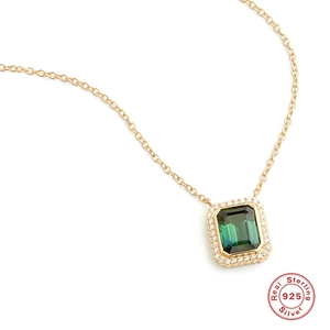 925 Sterling Silver Green Zirconia Rectangle Pendant Necklace For Women Elegant Gold Plated Geometric Jewelry Gift