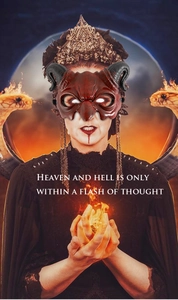 Gothic red devil half-face mask with black ram horns and dark magic fantasy theme