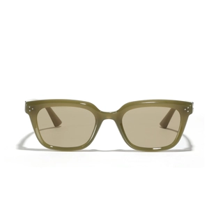 Retro olive green cat-eye sunglasses with square frame and three dot rivet accents