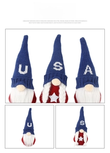 Detail of USA knit gnomes set featuring white stars and embroidered letters decoration