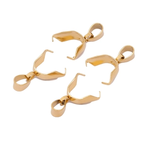 Close-up of four 18k gold-plated stainless steel pinch bails for pendant jewelry making