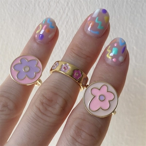 Daisy Flower Open Adjustable Ring Gold Plated Copper Enamel Colorful Sweet Retro Ins Style Jewelry For Women