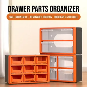 Stackable modular plastic drawer parts organizer in orange and black for wall storage