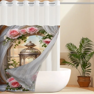 Detail of 3D rose garden printed waterproof polyester shower curtain with metal grommets