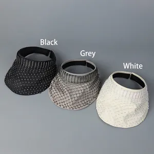 Three rhinestone mesh sun visors in black, gray, and white colors for outdoor sun protection