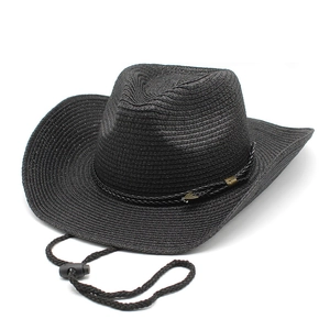 Black western cowboy straw hat with wide brim, chin strap and vintage metal buckle