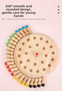 Macro detail of wooden memory chess game with colorful pegs on a smooth pink background