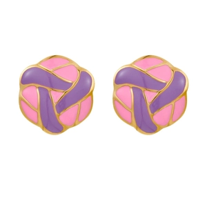 Elegant gold-plated round flower stud earrings with pink and purple enamel inlay