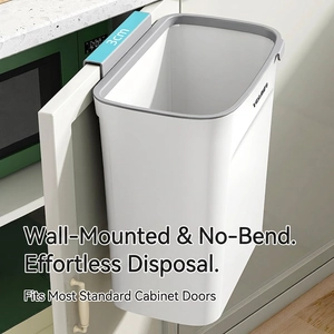 Wall-mounted kitchen trash can in white and grey with 3cm hook for cabinet doors