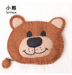 Handmade brown wool felt bear pouch with animal embroidery and pompom zipper, 12x14cm