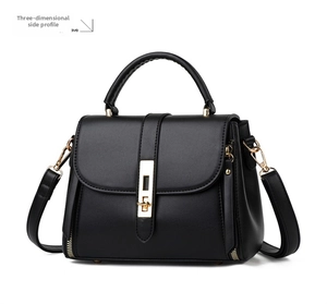 Side view of structured black leather handbag featuring golden lock and zippers