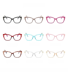 Color display of cat eye glasses frames in nine colors with slim metal temples