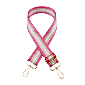 Adjustable wide replacement bag strap with pink and silver stripes and gold metal hooks