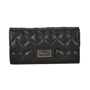 Close-up of black quilted long wallet with classic diamond pattern and metal twist lock