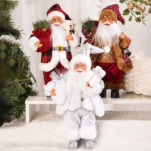 Three standing Santa Claus dolls in various festive outfits for Christmas home decor