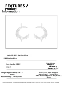 Detailed size and material specs for S925 sterling silver moon zircon stud earrings