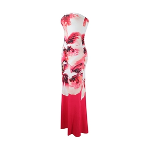 Detail of elegant tube top maxi dress with red and pink floral print on white fabric