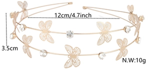 Détail montrant les dimensions du serre-tête doré à double couche avec papillons et cristaux