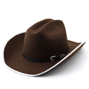 Chapeau de cowboy western marron foncé en laine avec bord blanc et boucle vintage