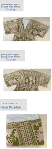 Close-up of bohemian floral print on summer dress with green and pink V-neck details