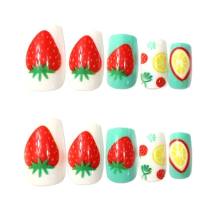 Square summer press-on nails set featuring strawberry and lemon fruit designs