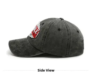 Side view of washed grey cotton baseball cap with vintage embroidery and breathable eyelets
