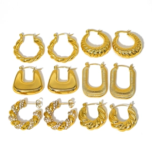 French vintage 18K gold plated stainless steel hollow crescent hoop earrings set for women