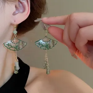 Chinese Style Fan Shape Drop Earrings With Green Bamboo Pattern Alloy Resin Retro Antique Style Jewelry For Women
