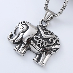 Vintage silver elephant head pendant necklace for men with durable stainless steel box chain