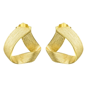 Detailed view of handmade twisted triangular stud earrings with a matte gold finish